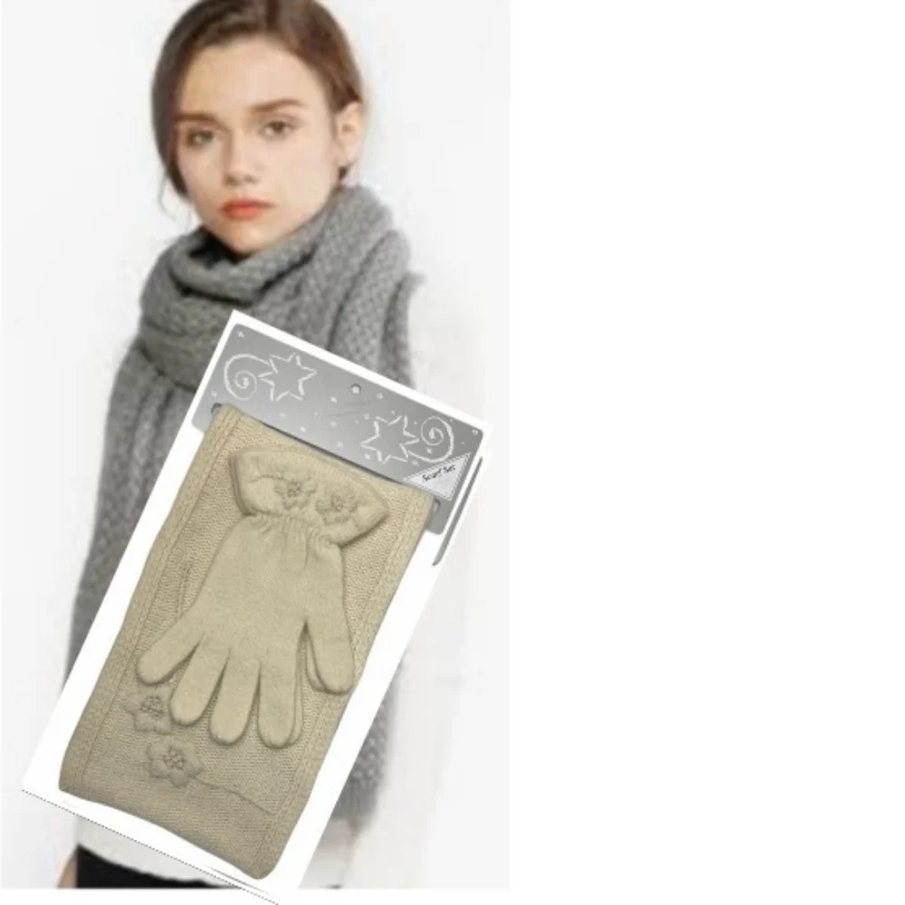 Floral Luxury Knit Scarf Gloves Set Ivory Cream Tan Beige Natural Luxury Scarves